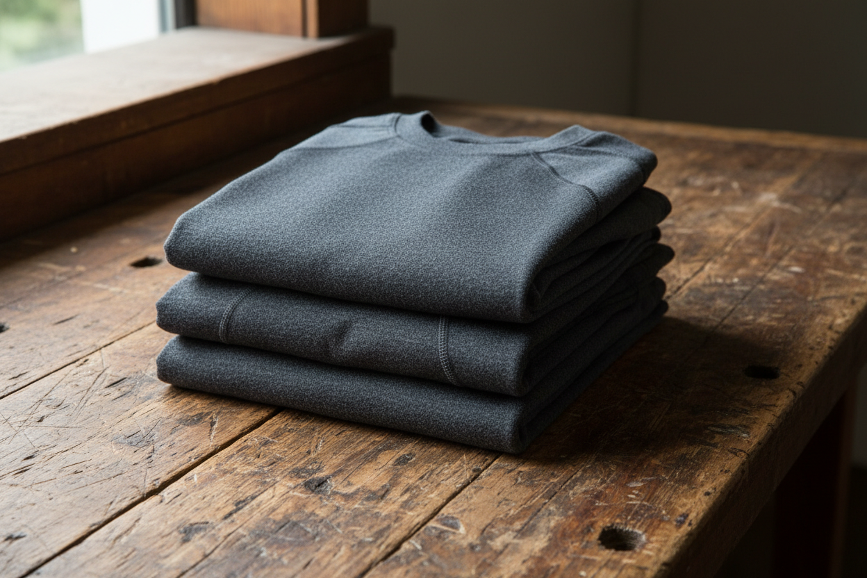 Stack of folded dark gray merino shirts by Hemcroft on a wooden surface