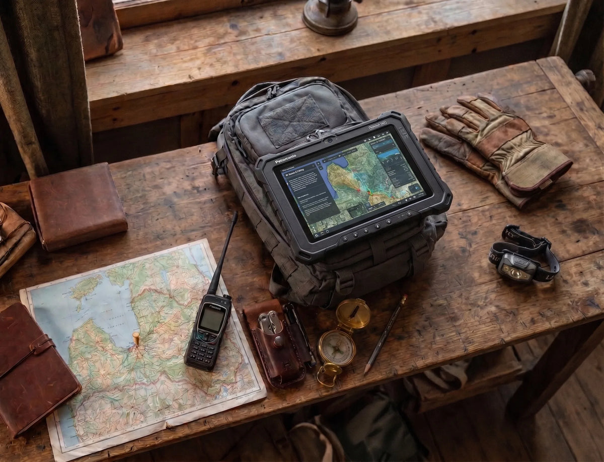 A rugged gray backpack sits on a rustic wooden table, displaying a tablet with a map interface. Surrounding it are a map, walkie-talkie, compass, gloves, and leather accessories in a styled outdoor or cabin setting.