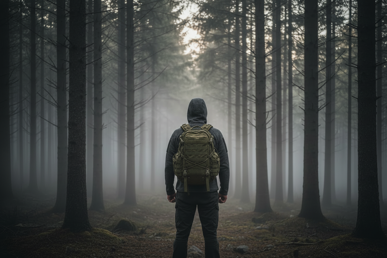 Person with a backpack walking through a foggy forest
