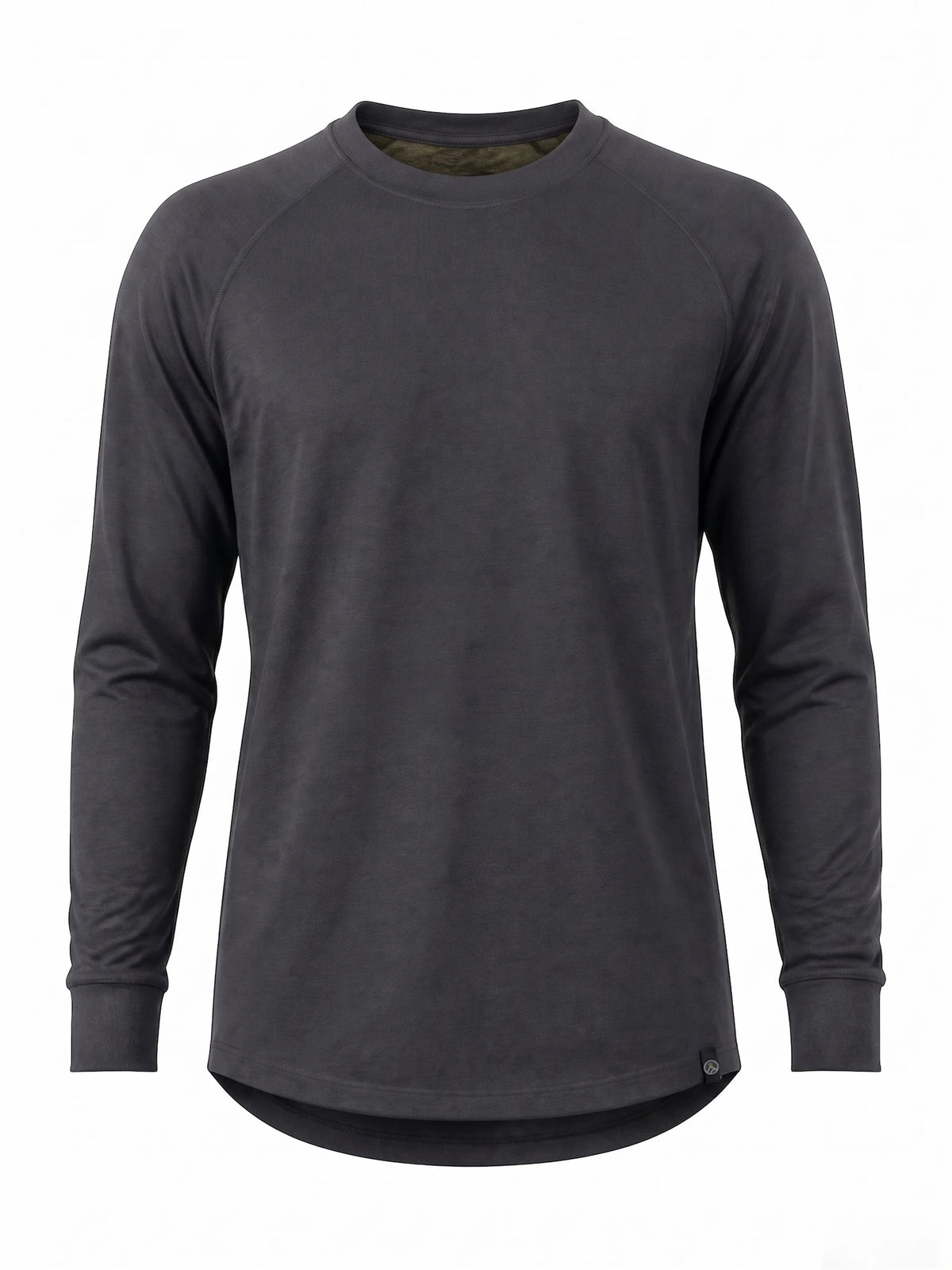 A dark charcoal gray long-sleeve merino wool crewneck shirt with raglan sleeves, shown on a plain white background.